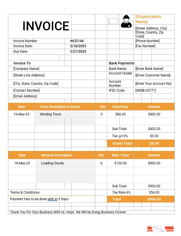 Labour Invoice Template PSD template
